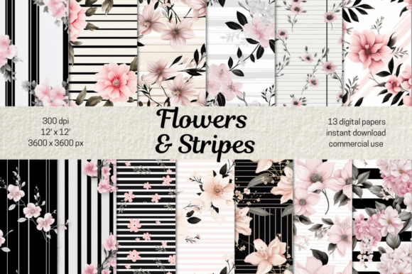 Download Pink Flowers &amp; Black Stripes Background - Stripes background Collection